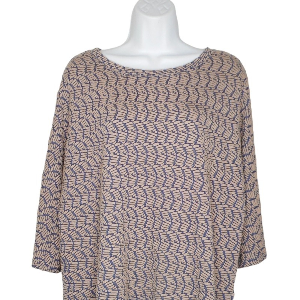 Habitat Womens Top XS Beige Blue 3/4 Sleeve Round Neck Relaxed Oversized Blouse
